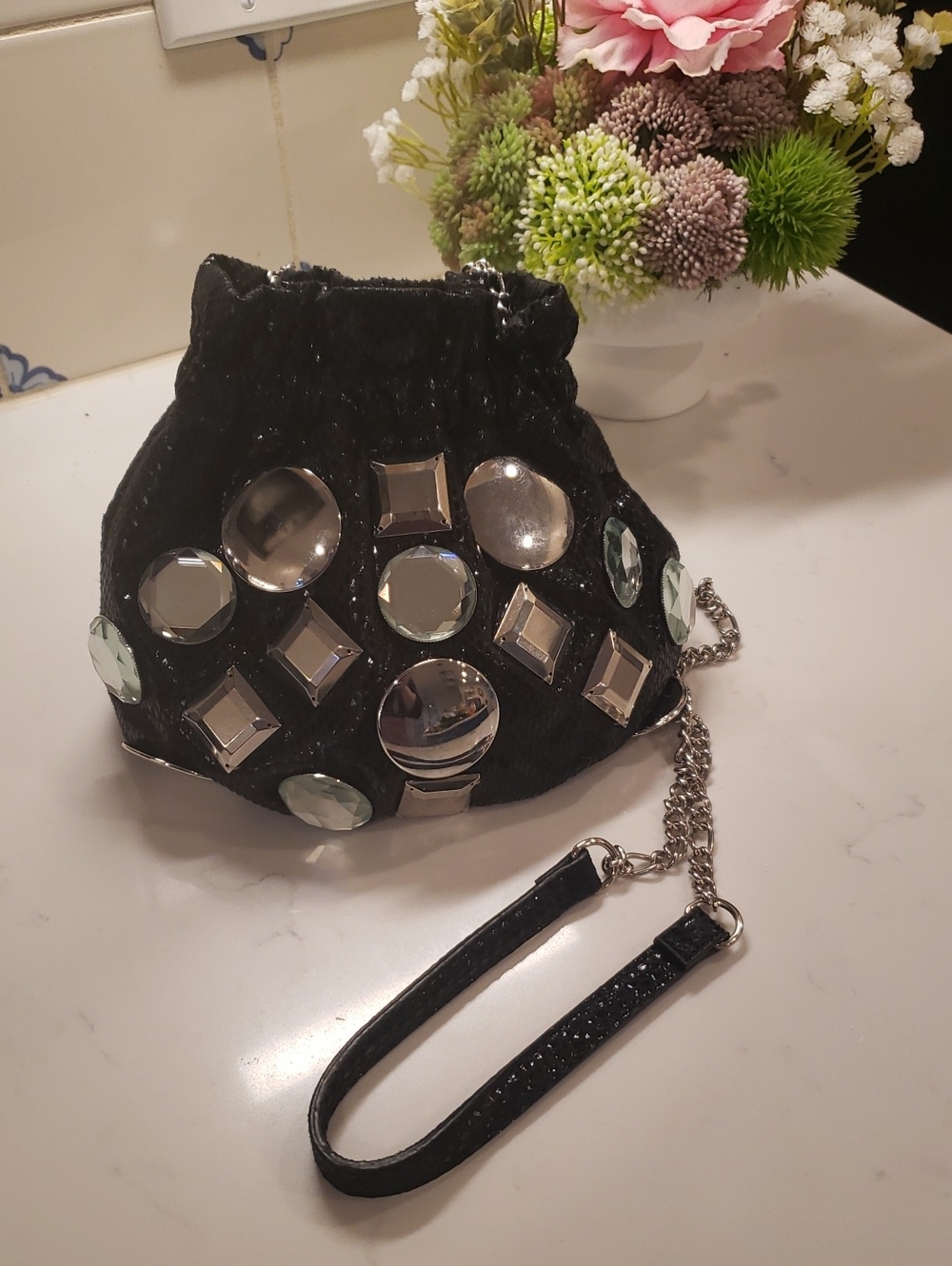White House Black Market Black Jeweled Bucket Bag with Chain and Fabric Strap